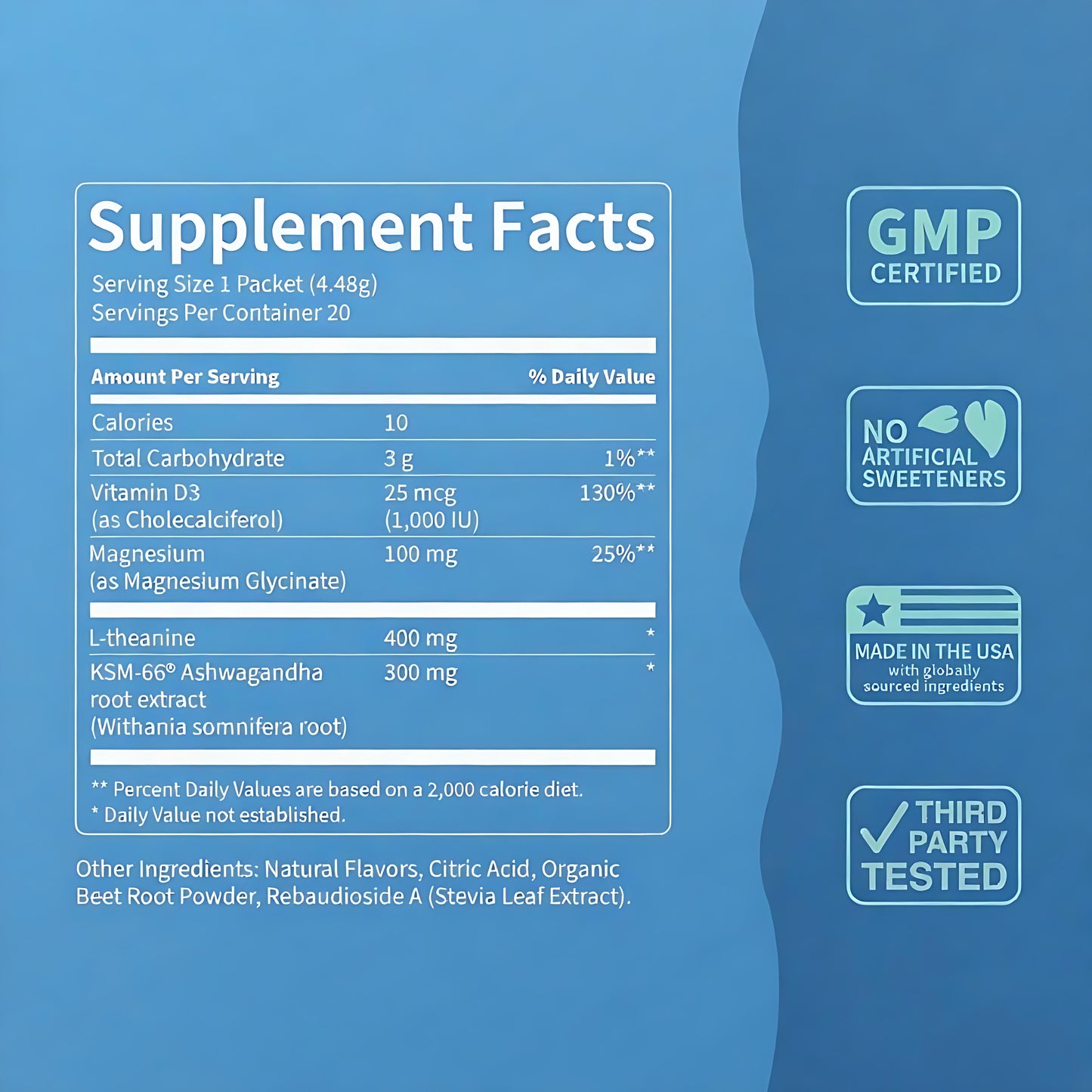 Supercalm Powdered Drink Mix, Raspberry Lemonade, L Theanine, Ksm-66 Ashwagandha, Magnesium Glycinate, Vitamin D 3, Supplements for Relaxation & Focus, No Sugar, Non GMO, On The Go, 20 Ct