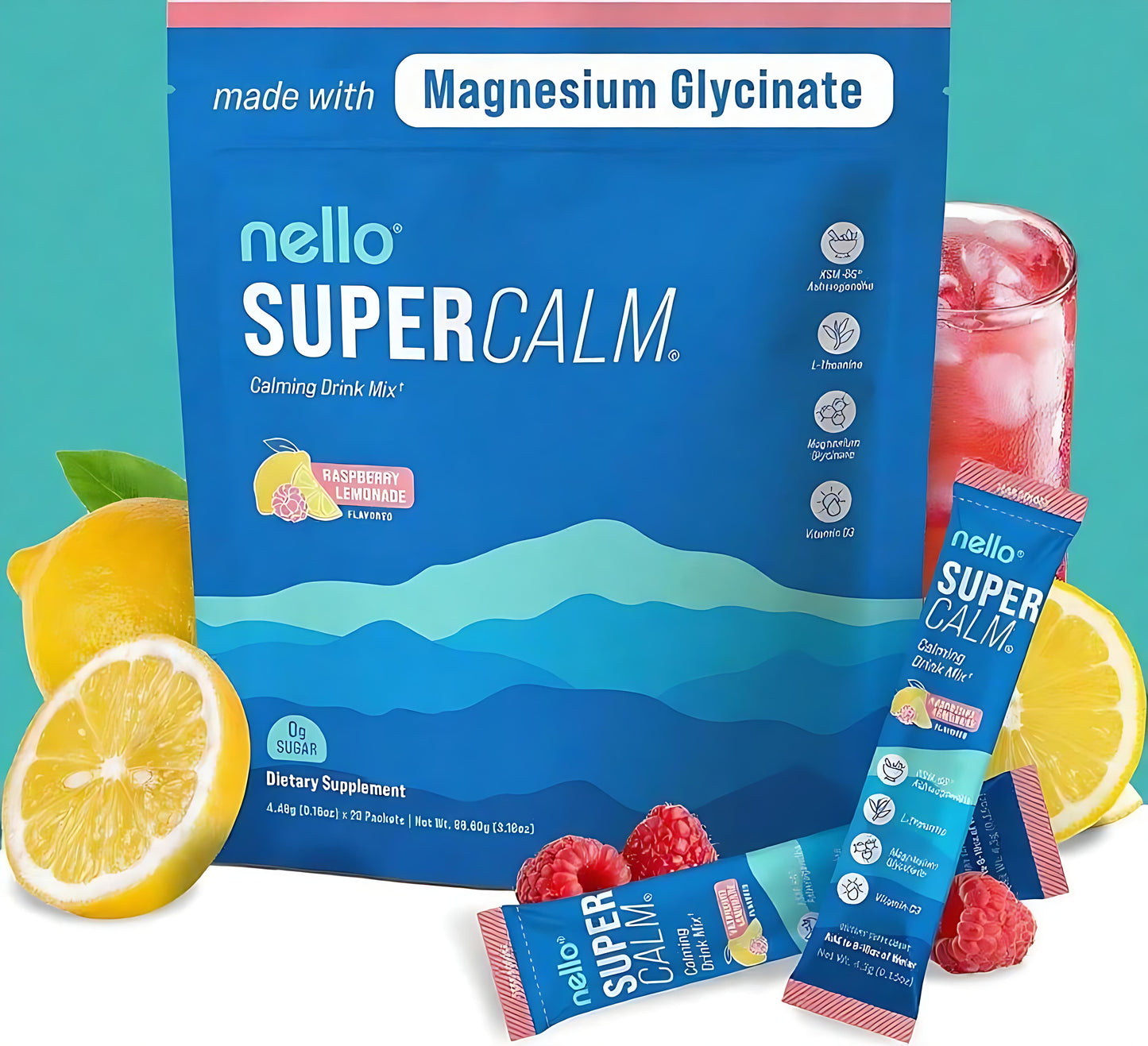 Supercalm Powdered Drink Mix, Raspberry Lemonade, L Theanine, Ksm-66 Ashwagandha, Magnesium Glycinate, Vitamin D 3, Supplements for Relaxation & Focus, No Sugar, Non GMO, On The Go, 20 Ct