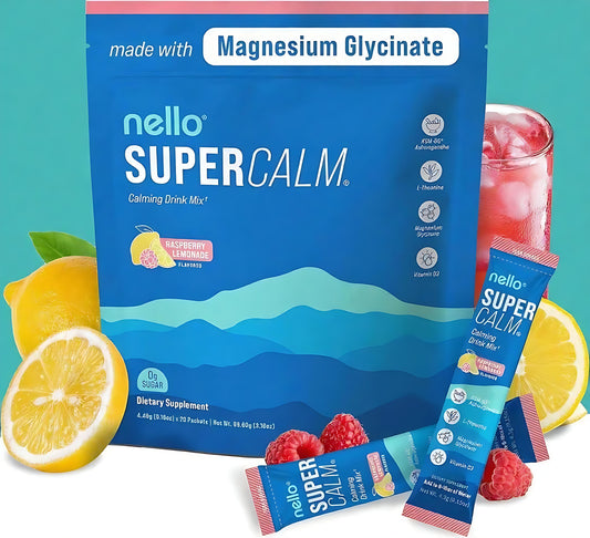 Supercalm Powdered Drink Mix, Raspberry Lemonade, L Theanine, Ksm-66 Ashwagandha, Magnesium Glycinate, Vitamin D 3, Supplements for Relaxation & Focus, No Sugar, Non GMO, On The Go, 20 Ct