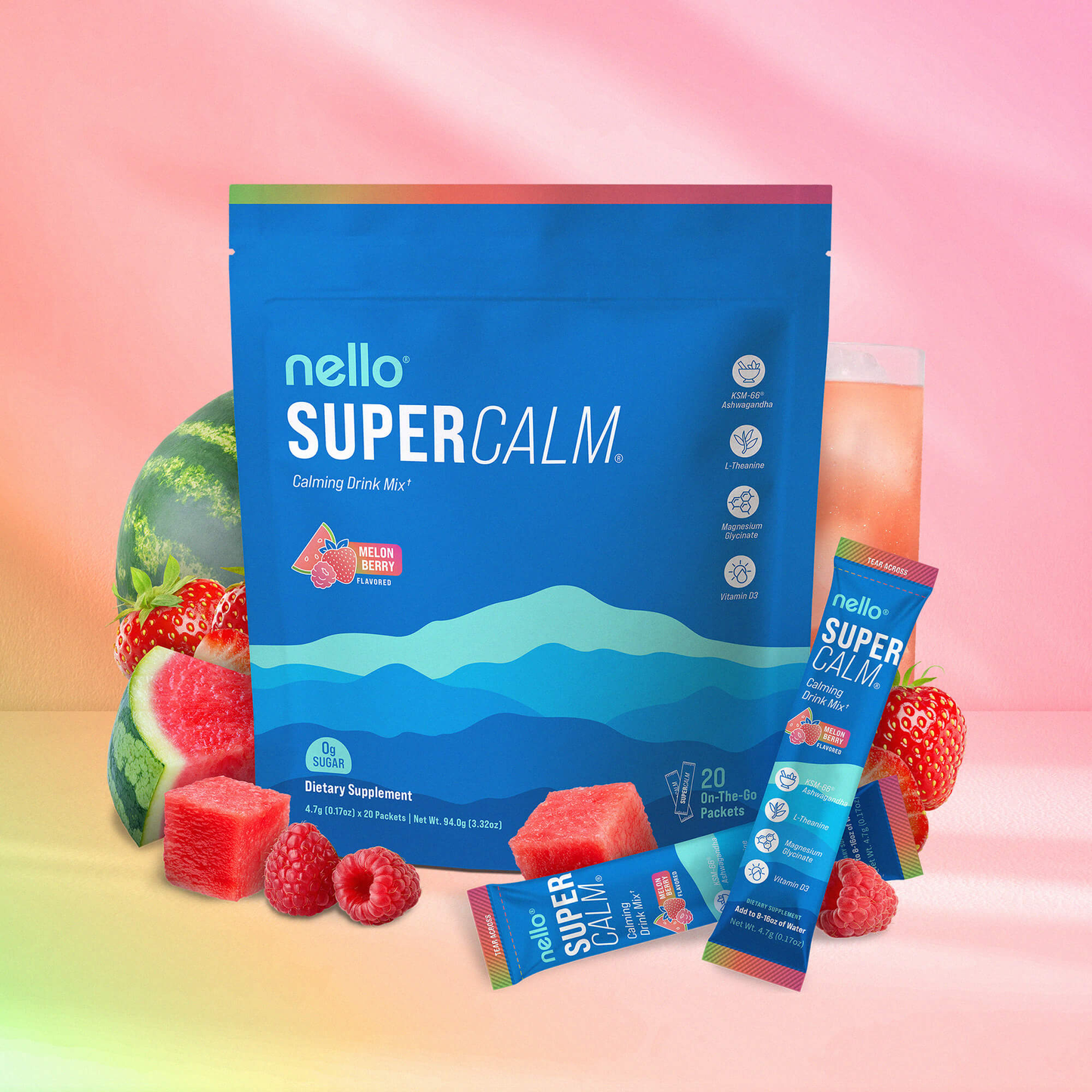 Supercalm Powdered Drink Mix, Raspberry Lemonade, L Theanine, Ksm-66 Ashwagandha, Magnesium Glycinate, Vitamin D 3, Supplements for Relaxation & Focus, No Sugar, Non GMO, On The Go, 20 Ct