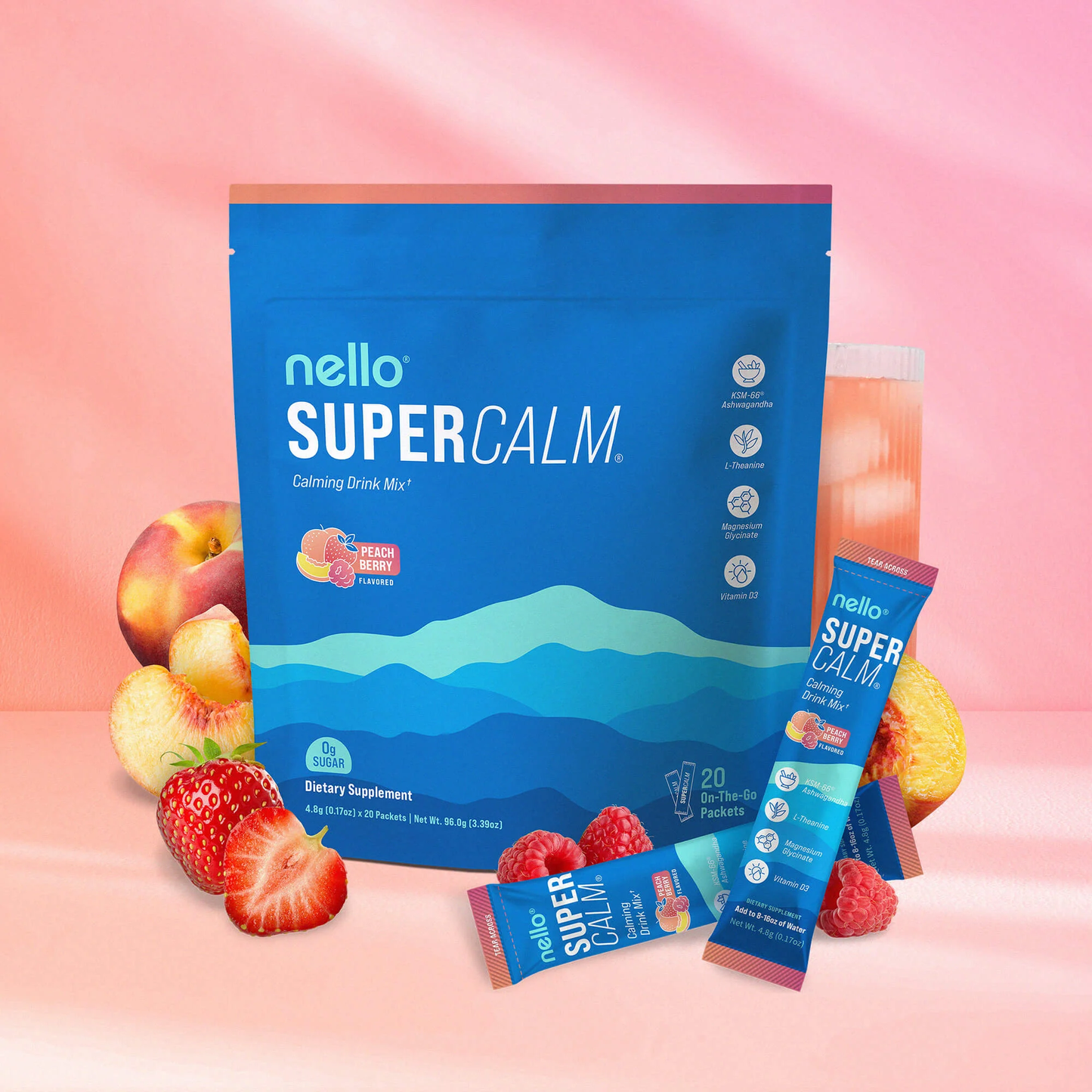 Supercalm Powdered Drink Mix, Raspberry Lemonade, L Theanine, Ksm-66 Ashwagandha, Magnesium Glycinate, Vitamin D 3, Supplements for Relaxation & Focus, No Sugar, Non GMO, On The Go, 20 Ct