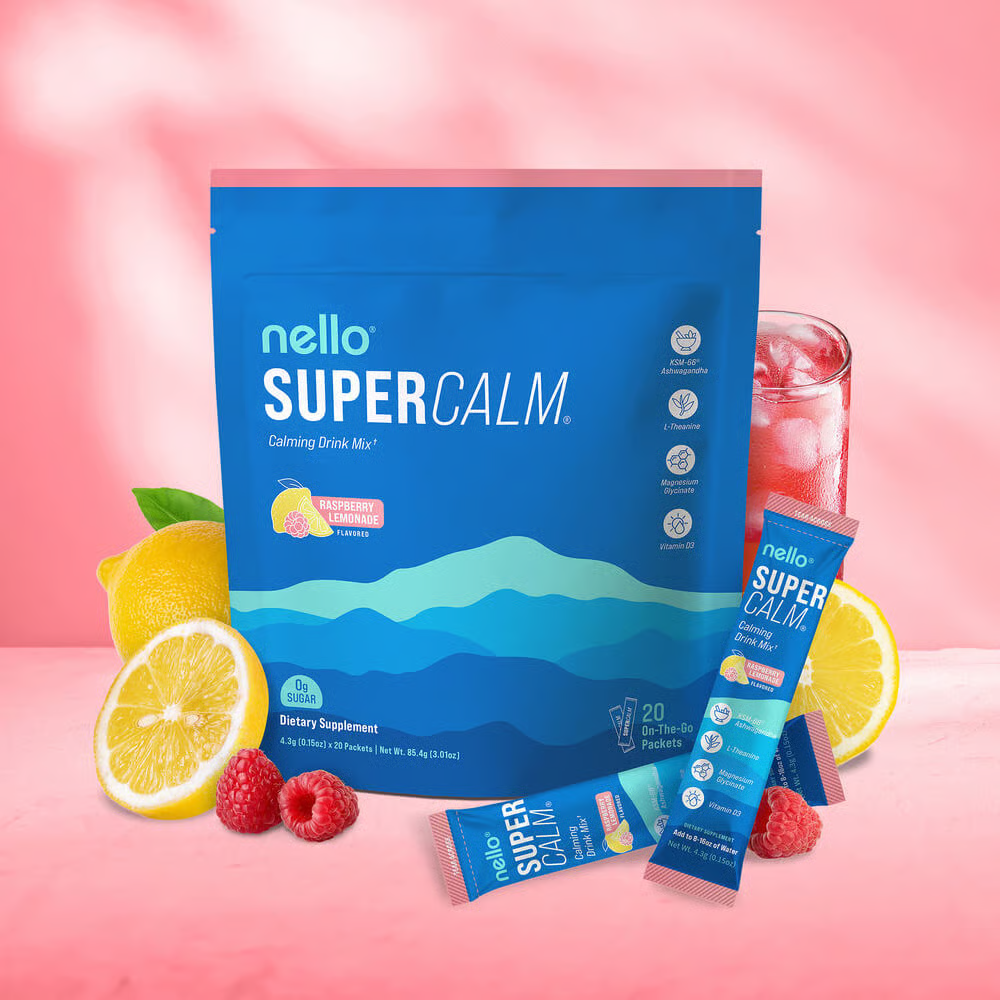 Supercalm Powdered Drink Mix, Raspberry Lemonade, L Theanine, Ksm-66 Ashwagandha, Magnesium Glycinate, Vitamin D 3, Supplements for Relaxation & Focus, No Sugar, Non GMO, On The Go, 20 Ct